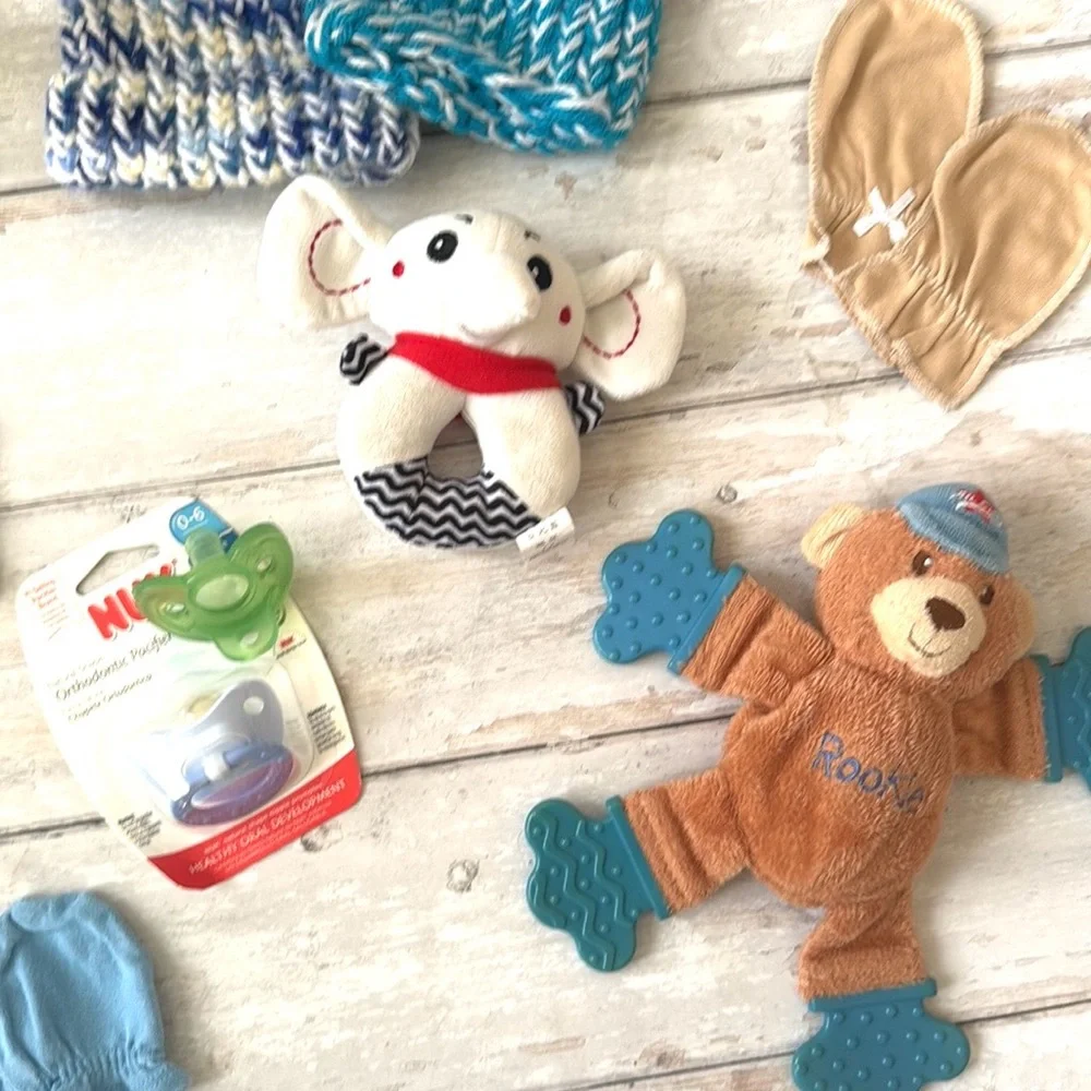 Newborn Baby Boy Bundle Lot Dr Browns Bottle Teethers Hand Mittens Toys Hats